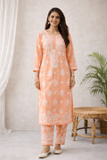 Karigiri Peach Floral Chikankari Mulmul Cotton Kurti Set_KF0142