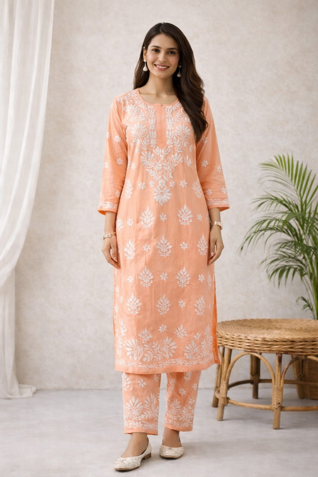 Karigiri Peach Floral Chikankari Mulmul Cotton Kurti Set_KF0142