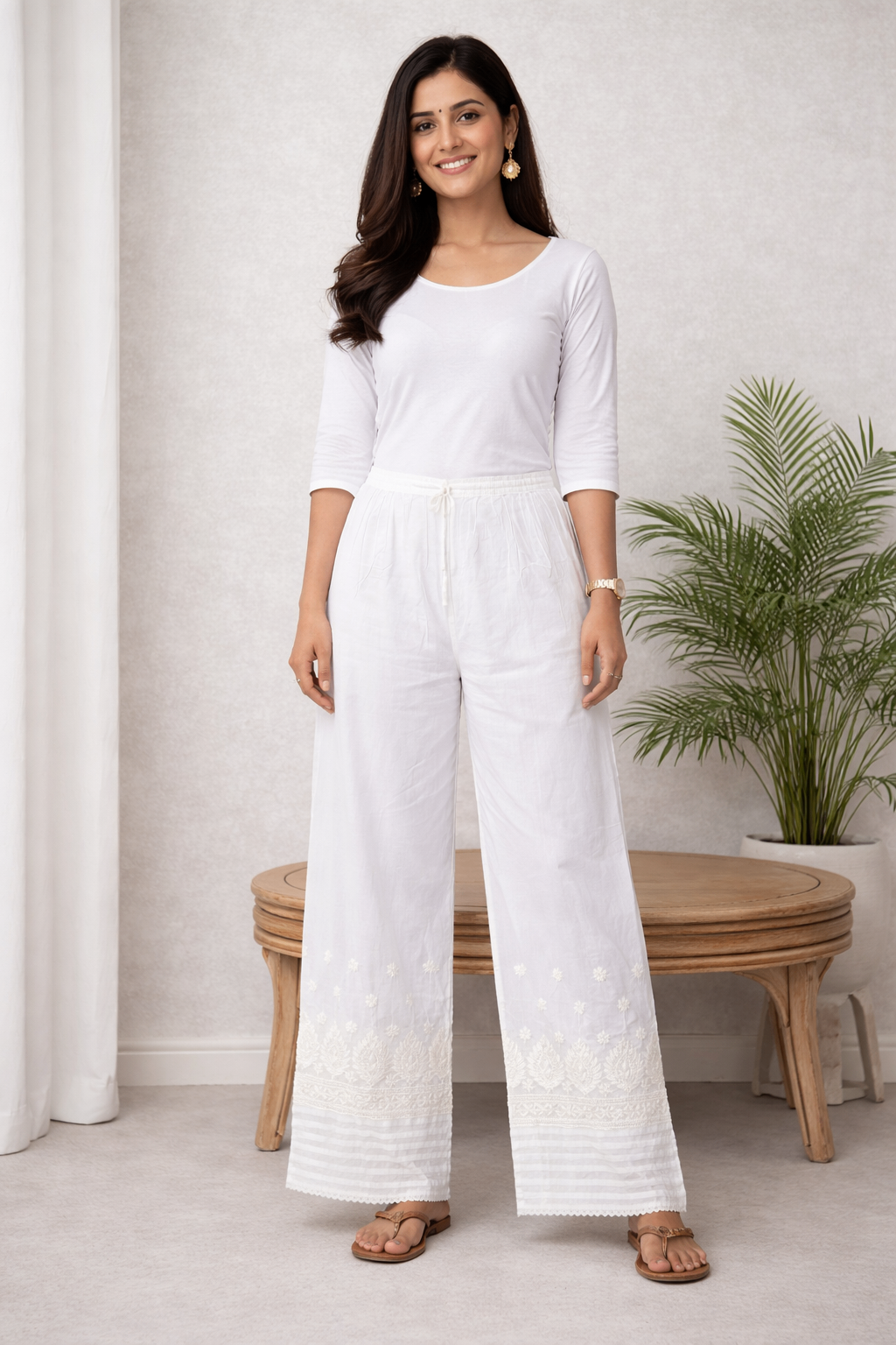 Karigiri White Chikankari Cotton Palazzo Pants_KF0195