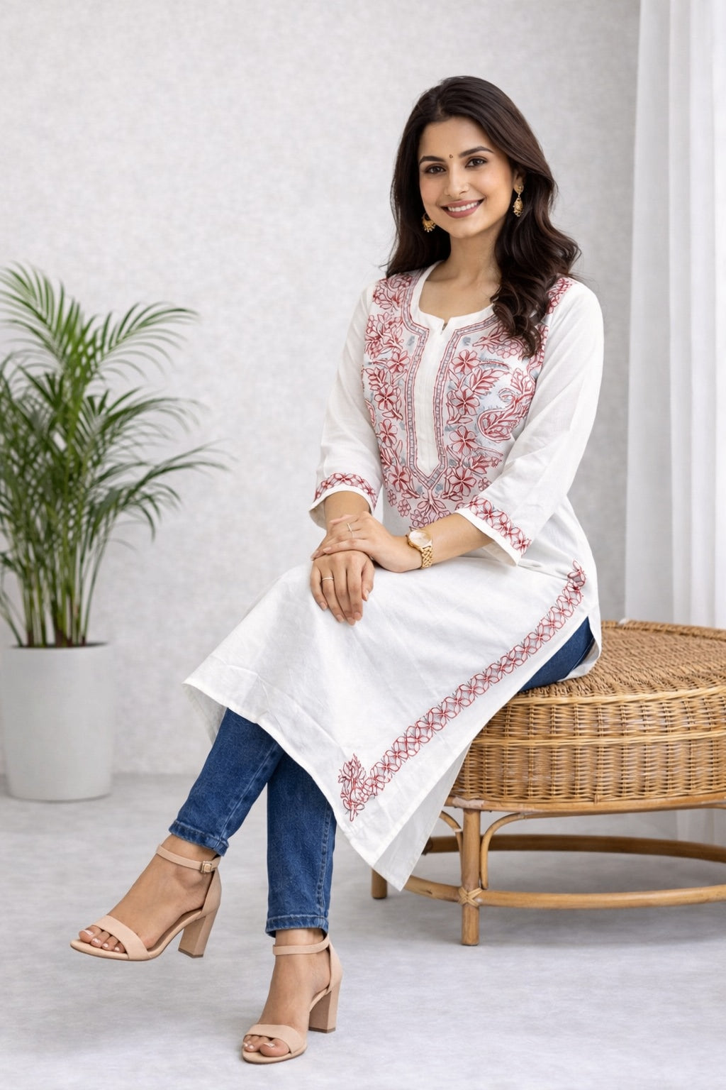 Karigiri White Chikankari Cotton Kurti Red thread Floral_KF0137