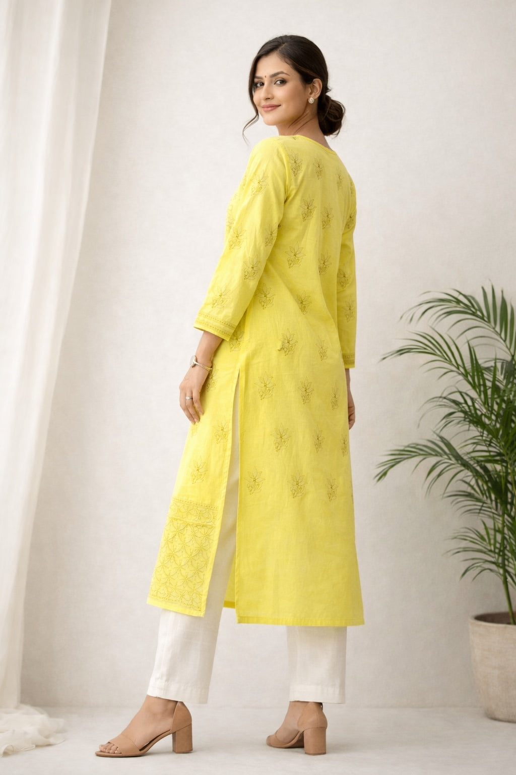 Karigiri Yellow Chikankari Cotton Kurti for Women_KF0095
