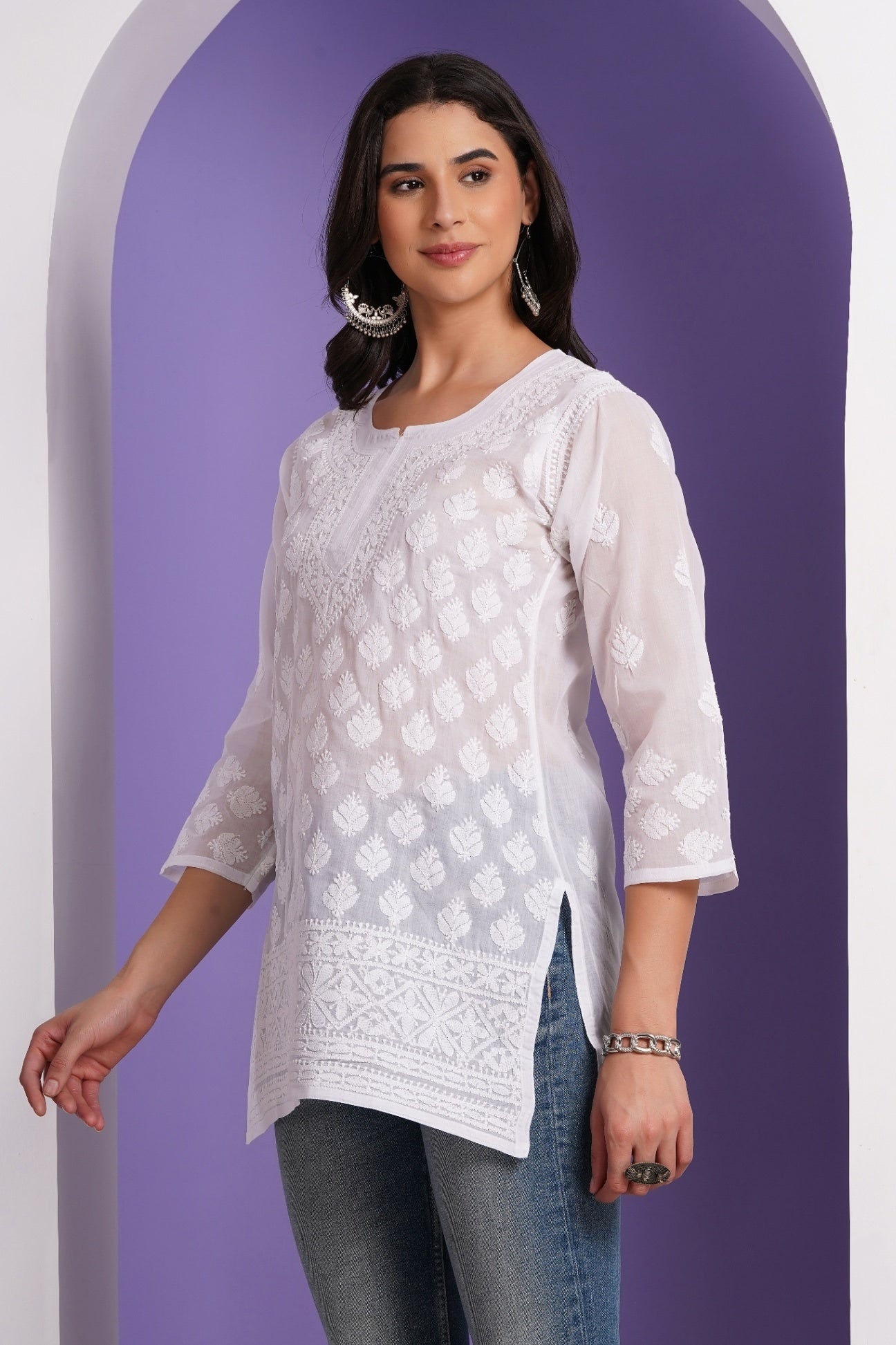 Karigiri White Lucknowi Chikankari Hand Embroidered Pure Cotton Straight Hip Length Short Kurti, 3/4 Sleeve