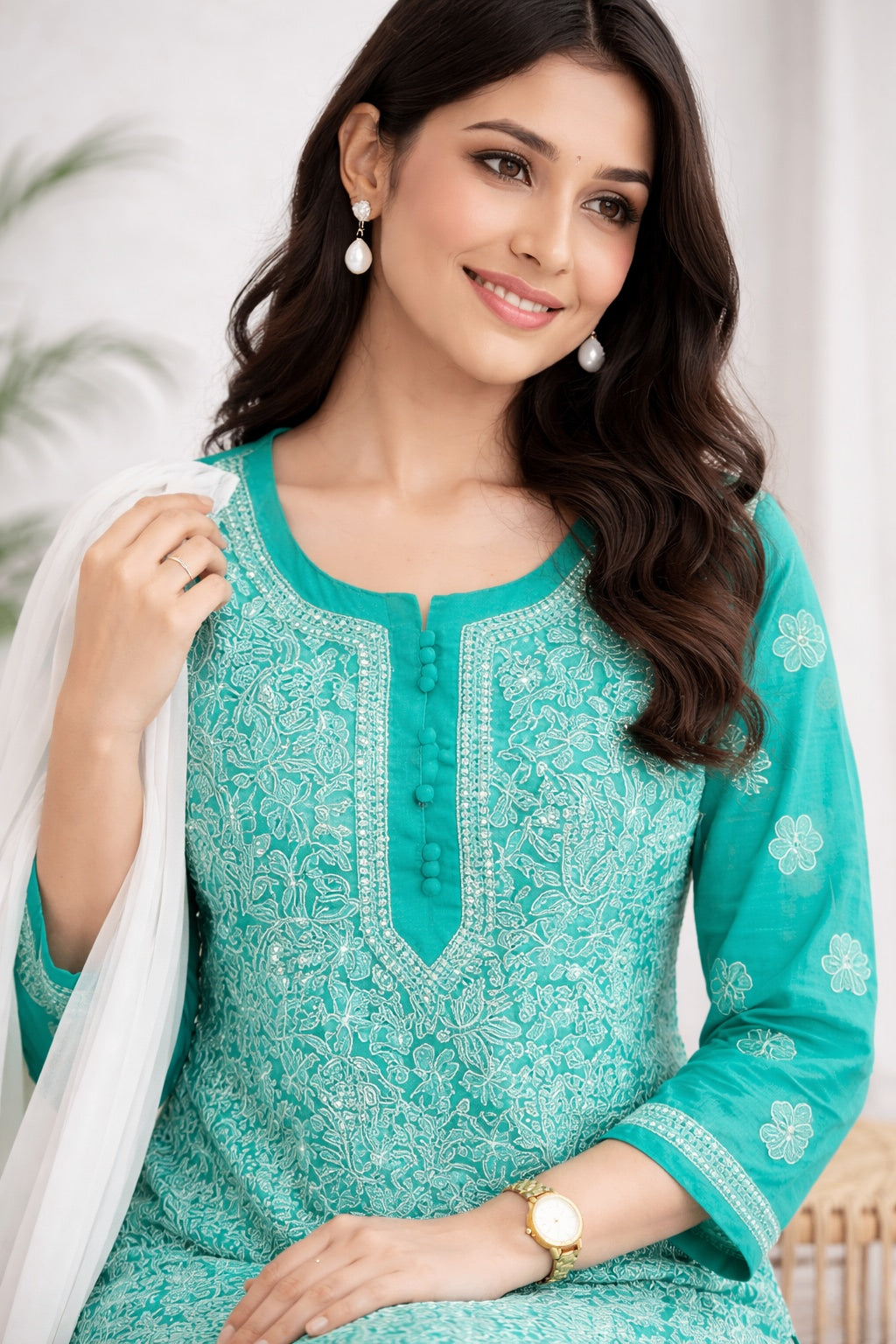 Karigiri Sea Green Chikankari Georgette Kurti Jaaldar work_KF0175