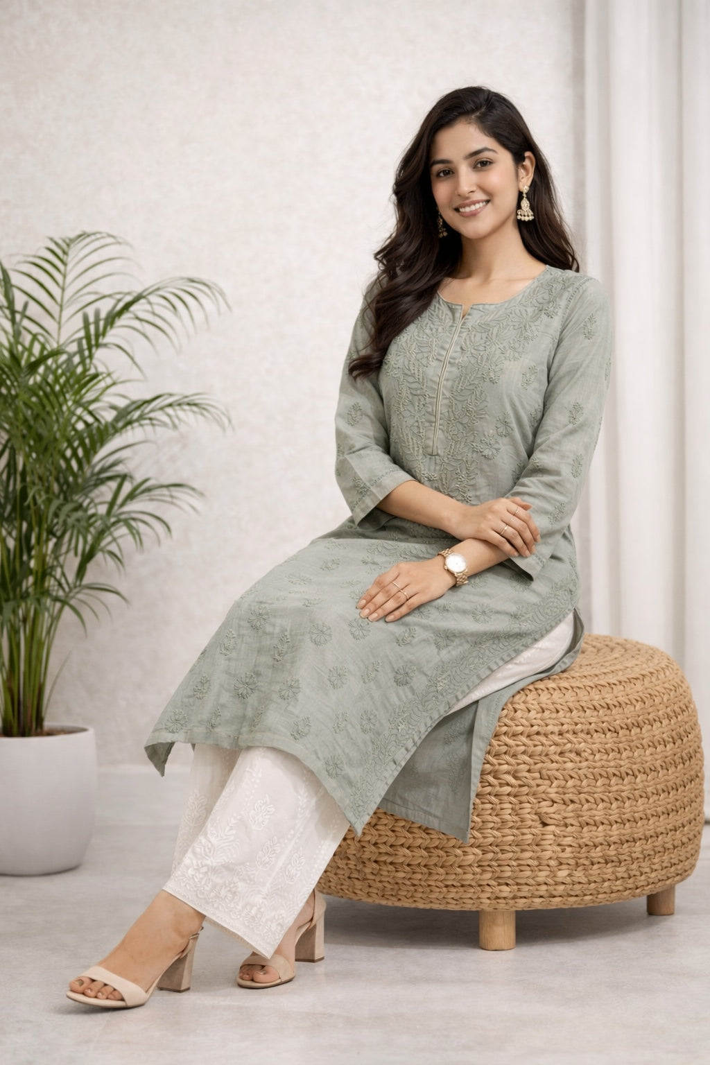Karigiri Sage Green Chikankari Rayon Cotton Kurti_KF0099