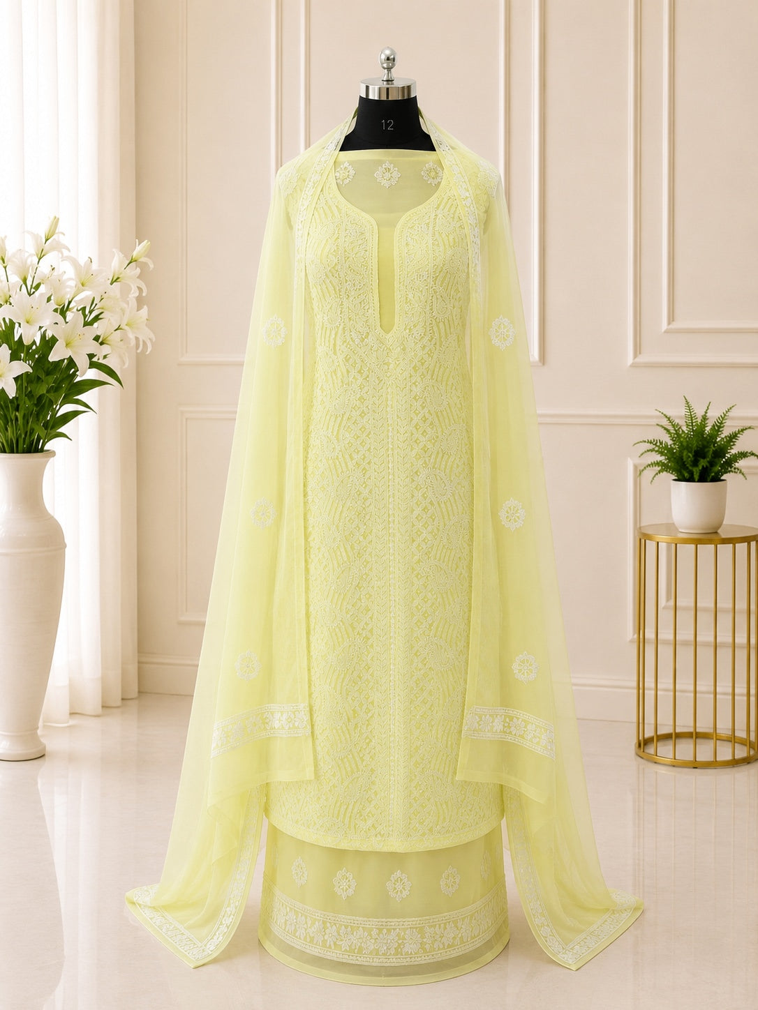 Karigiri Lemon Yellow Chikankari Georgette Dress Material