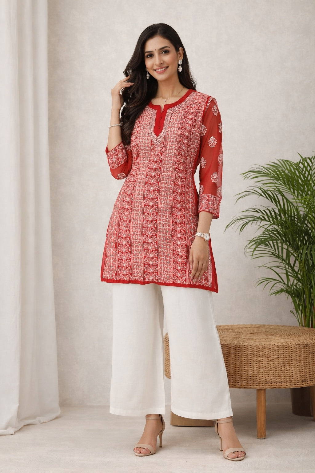 Karigiri Red Chikankari Georgette Short Kurti_KF0173