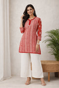 Karigiri Red Chikankari Georgette Short Kurti_KF0173