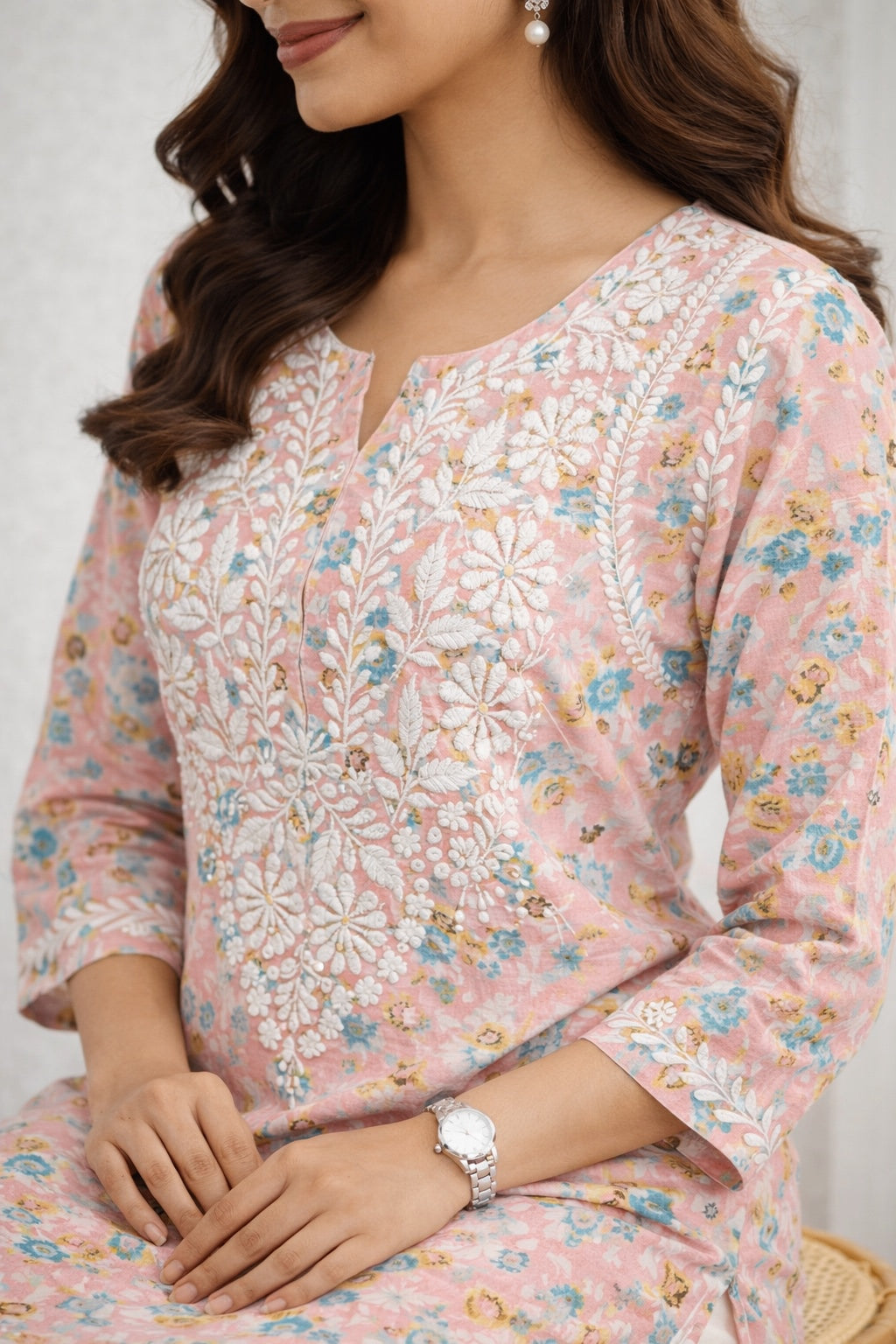 Karigiri Pink Chikankari Printed Cotton Long Kurti_KF0150