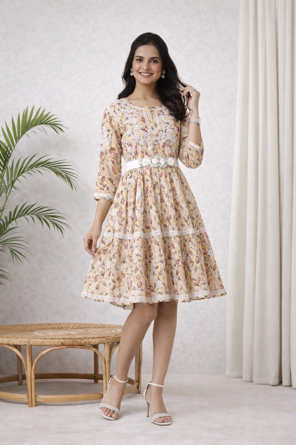 Karigiri Yellow Lucknowi Chikankari Printed Cotton Frock Kurti_KF0213