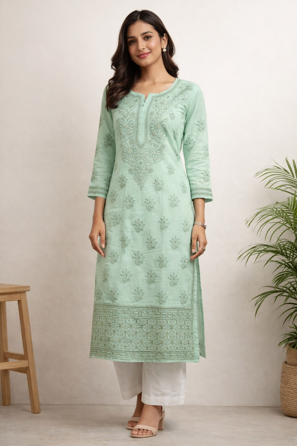 Karigiri Mint Green Chikankari Pure Cotton Kurti Women_KF0090