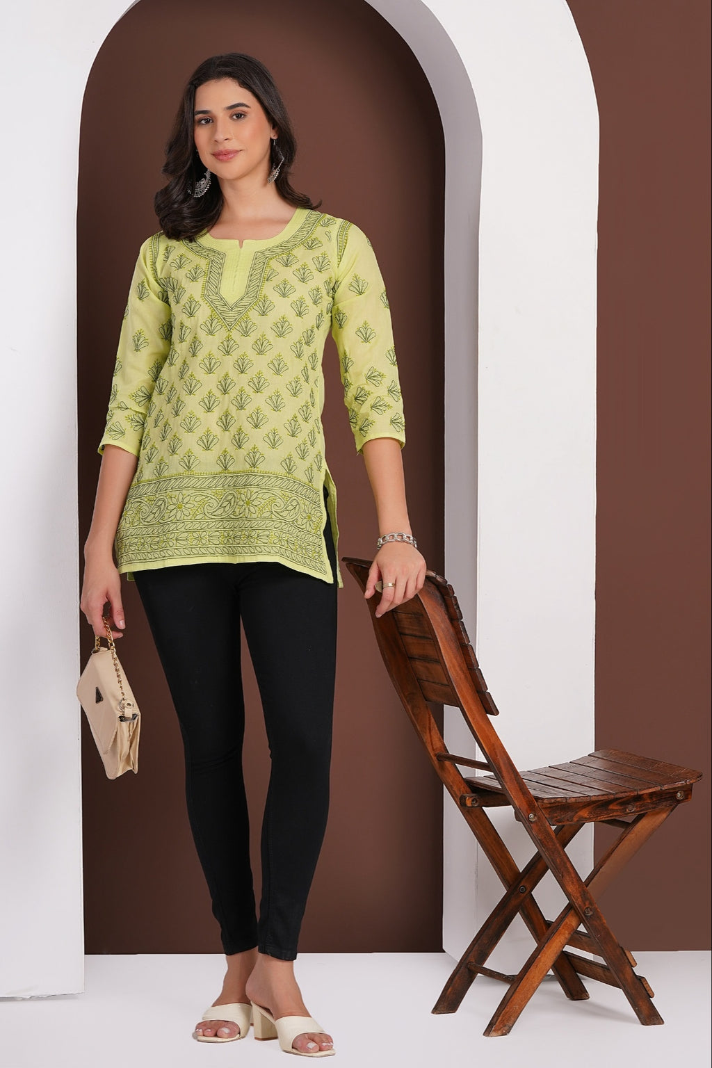 Karigiri Pistachio Green Chikankari Hand Embroidered Pure Cotton Straight Hip Length Short Kurti