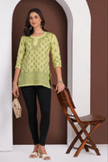 Karigiri Pistachio Green Chikankari Hand Embroidered Pure Cotton Straight Hip Length Short Kurti