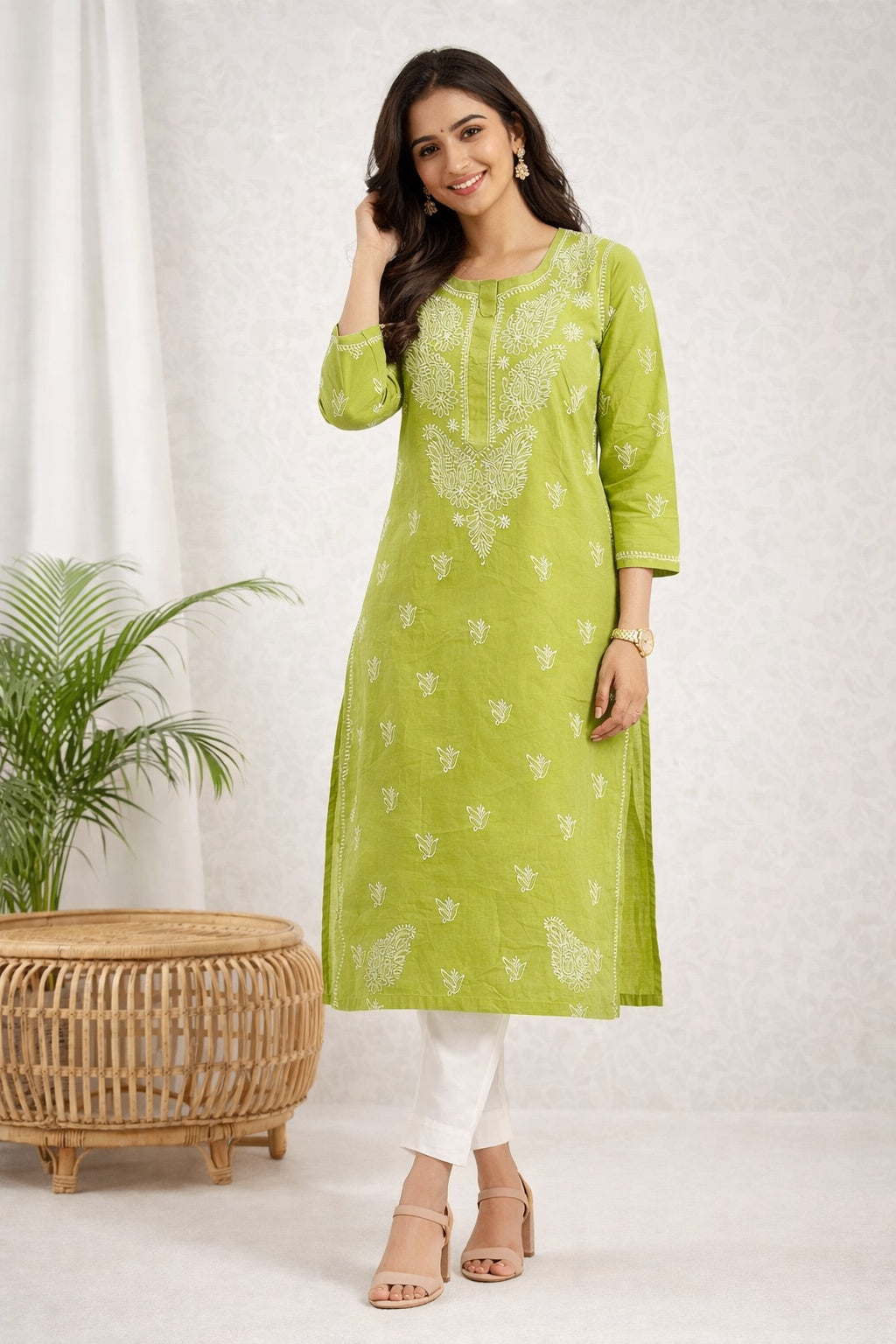 Karigiri Green Chikankari Pure Cotton Kurti_KF0036
