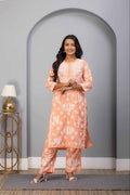 Karigiri Peach Chikankari Hand Embroidered Muslin Kurti Set with White Floral Motifs, 3/4 Sleeves