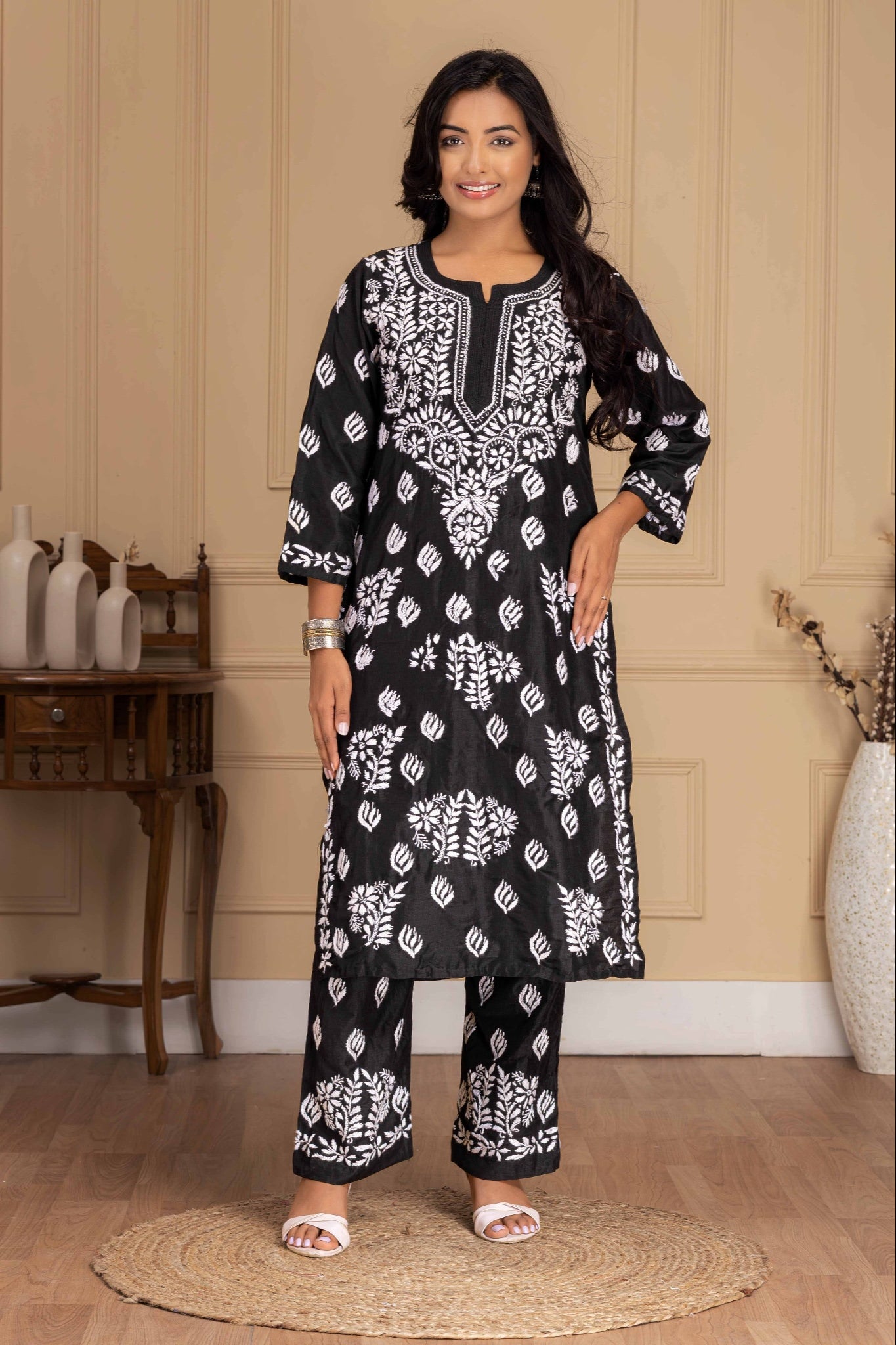 Karigiri Black Muslin Chikankari Hand Embroidered Kurti Set with White Floral Motifs, 3/4 Sleeves & Palazzo Pants
