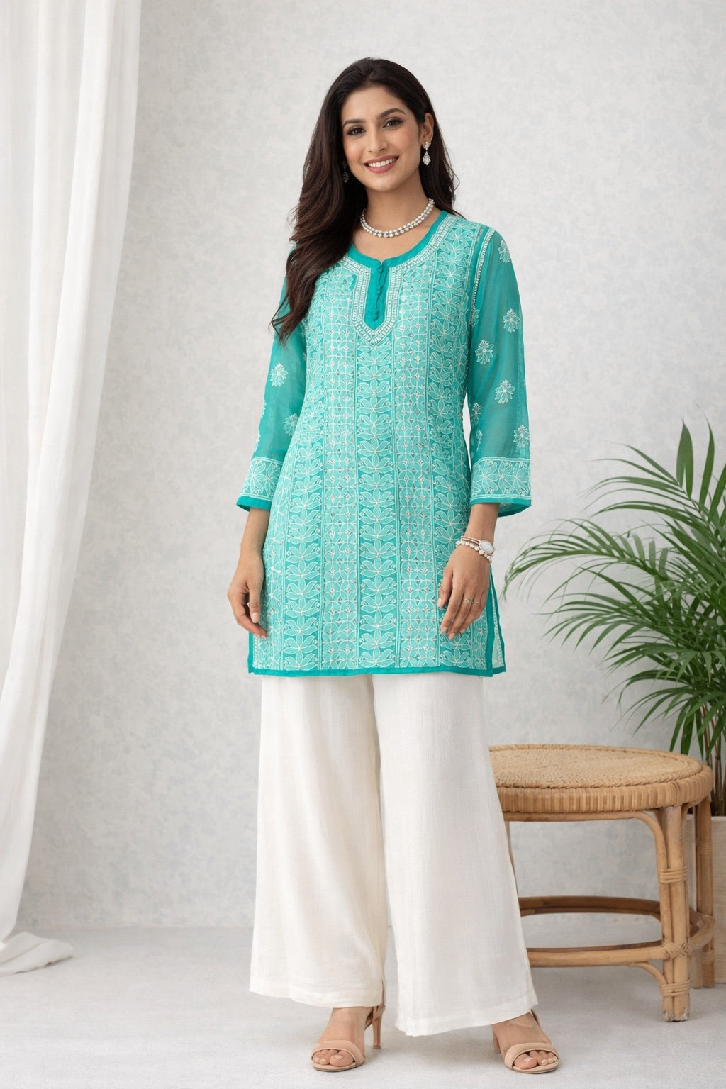 Karigiri Sea Green Chikankari Georgette Short Kurti_KF0178