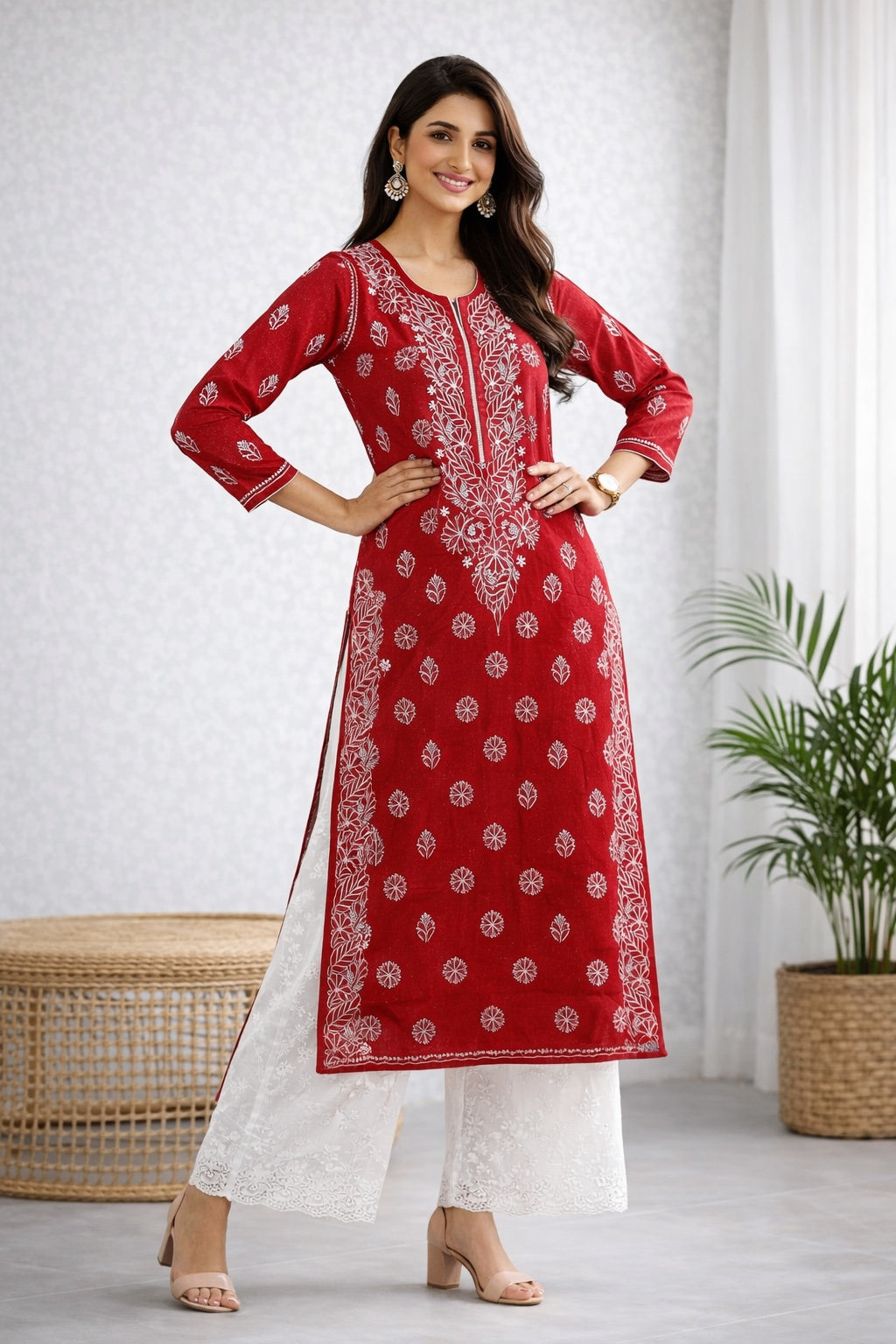 Karigiri Red Chikankari Rayon Cotton Kurti Women_KF0098
