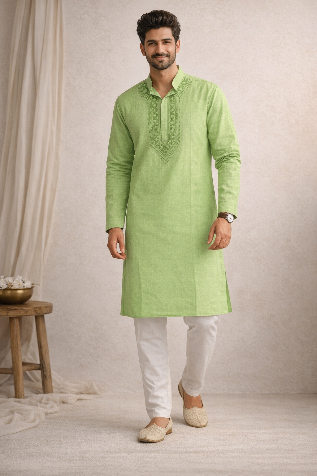 Karigiri Green Chikankari Pure Cotton Men's Kurta_KF0035