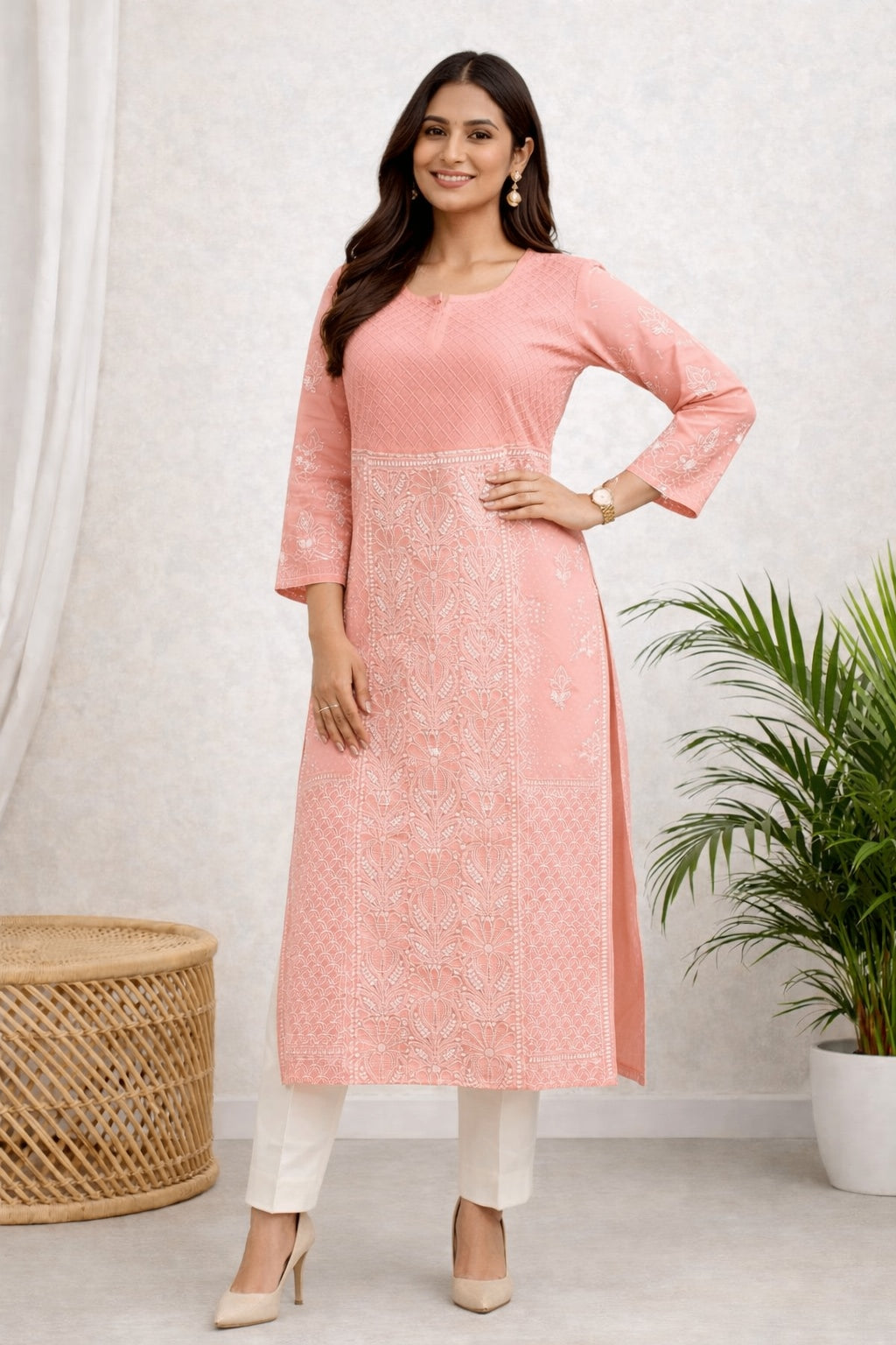 Karigiri Peach Lucknowi Chikankari Cotton Kurti_KF0049