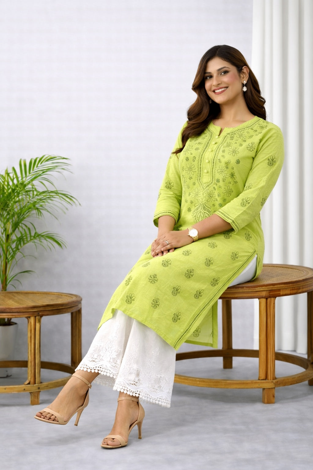 Karigiri Lime Green Chikankari Cotton Kurti Women_KF0080
