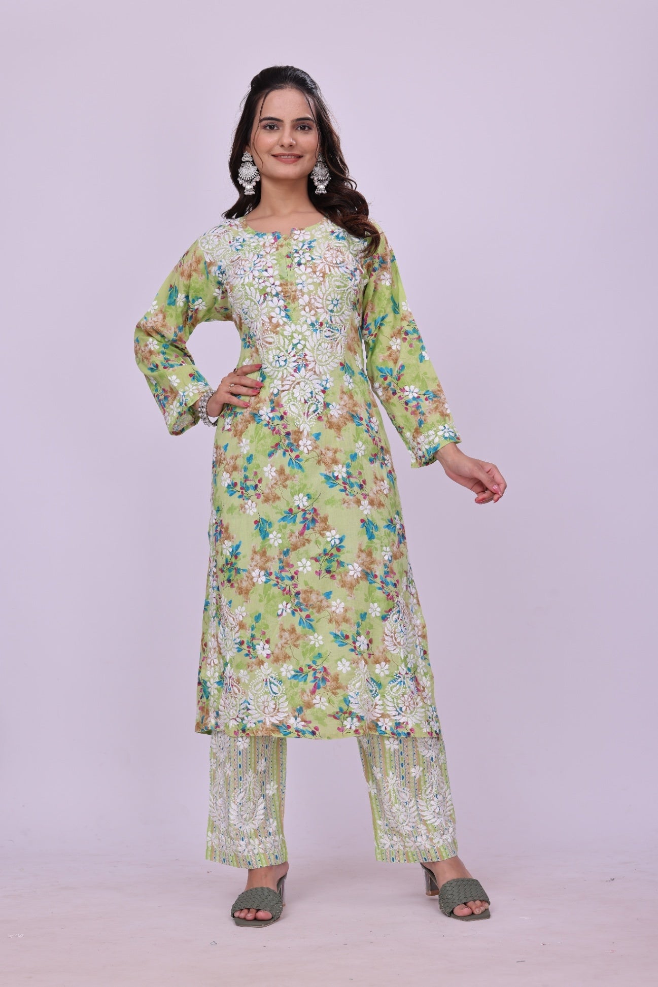 Karigiri Green Floral Chikankari Cotton Kurti Set_KF0058