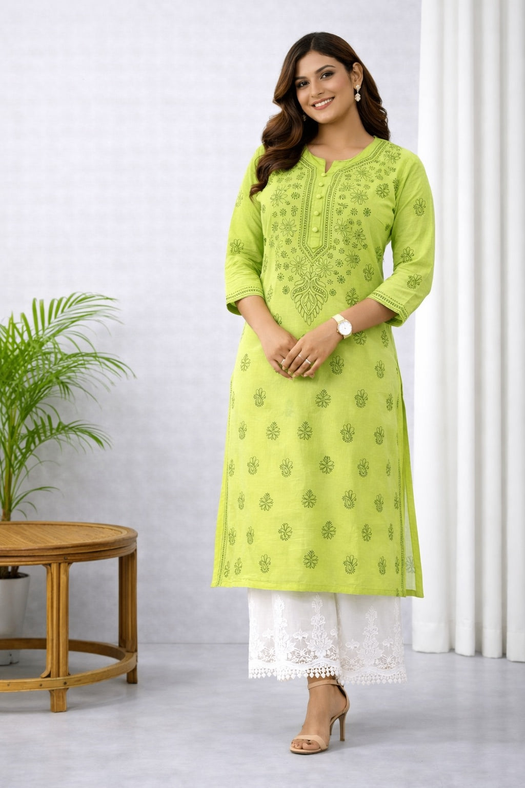 Karigiri Lime Green Chikankari Cotton Kurti Women_KF0080