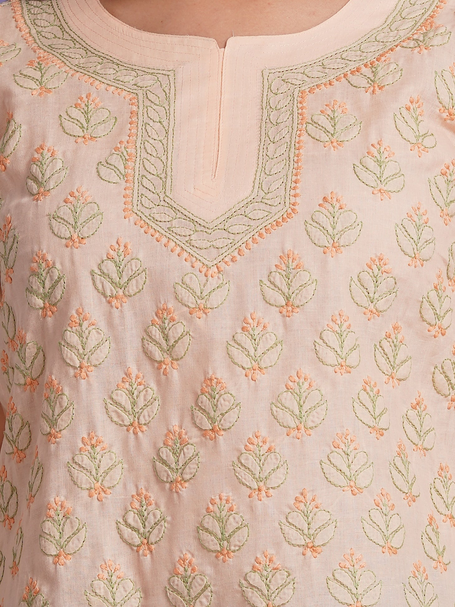 Karigiri Blush Peach Pure Cotton Chikankari Hand Embroidered Short Kurti