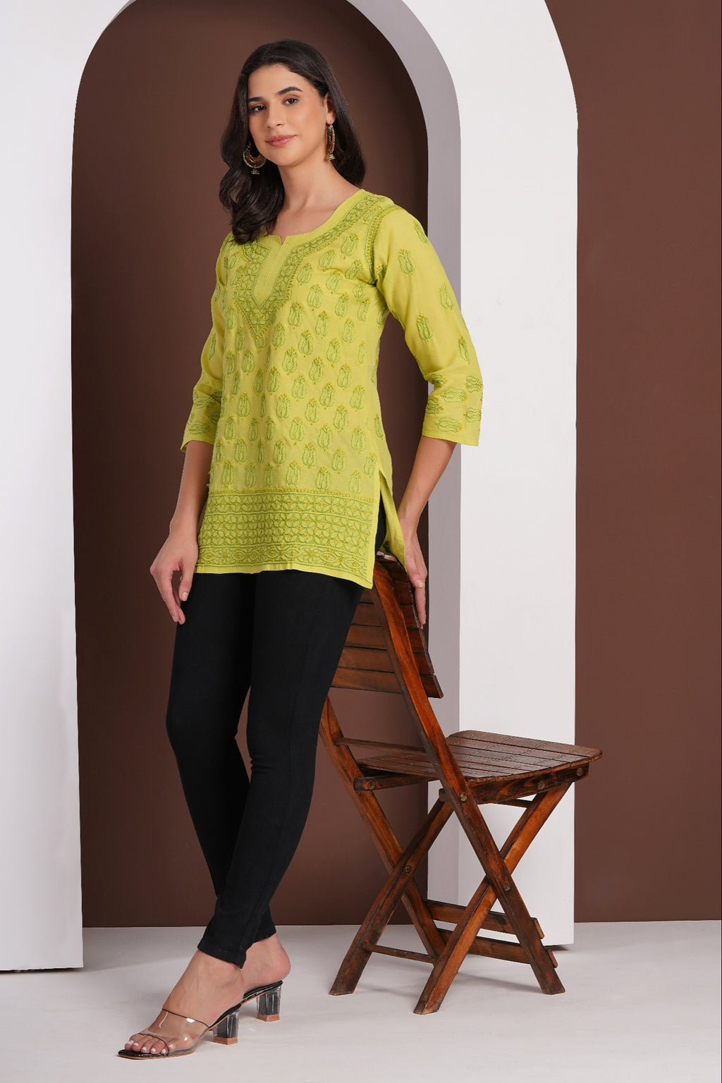 Karigiri Lime Green Chikankari Hand Embroidered Pure Cotton Short Kurti