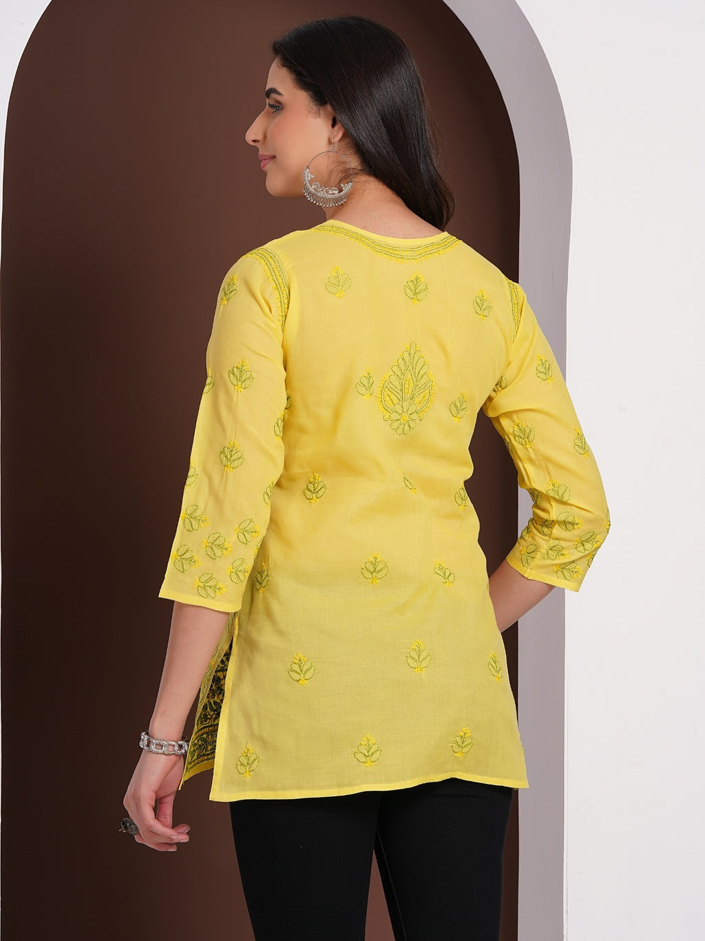 Karigiri Yellow Chikankari Hand Embroidered Pure Cotton Straight Hip Length Short Kurti, 3/4 Sleeve, Ethnic Wear for Women