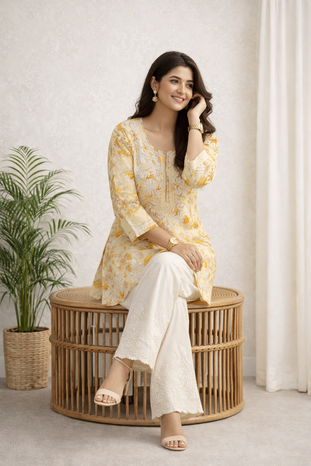 Karigiri Yellow Floral Chikankari Printed Cotton Short Kurti_KF0131
