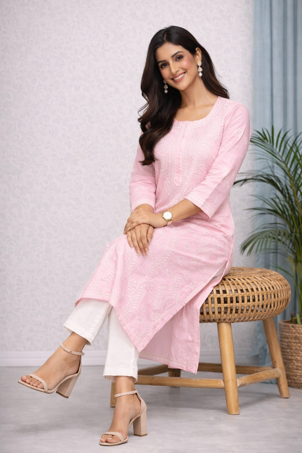 Karigiri Women’s Pure Soft Cotton Kurti, Blush Pink with Lucknowi Chikankari Embroidery, Straight Fit, Round Neck, 3/4 Sleeves