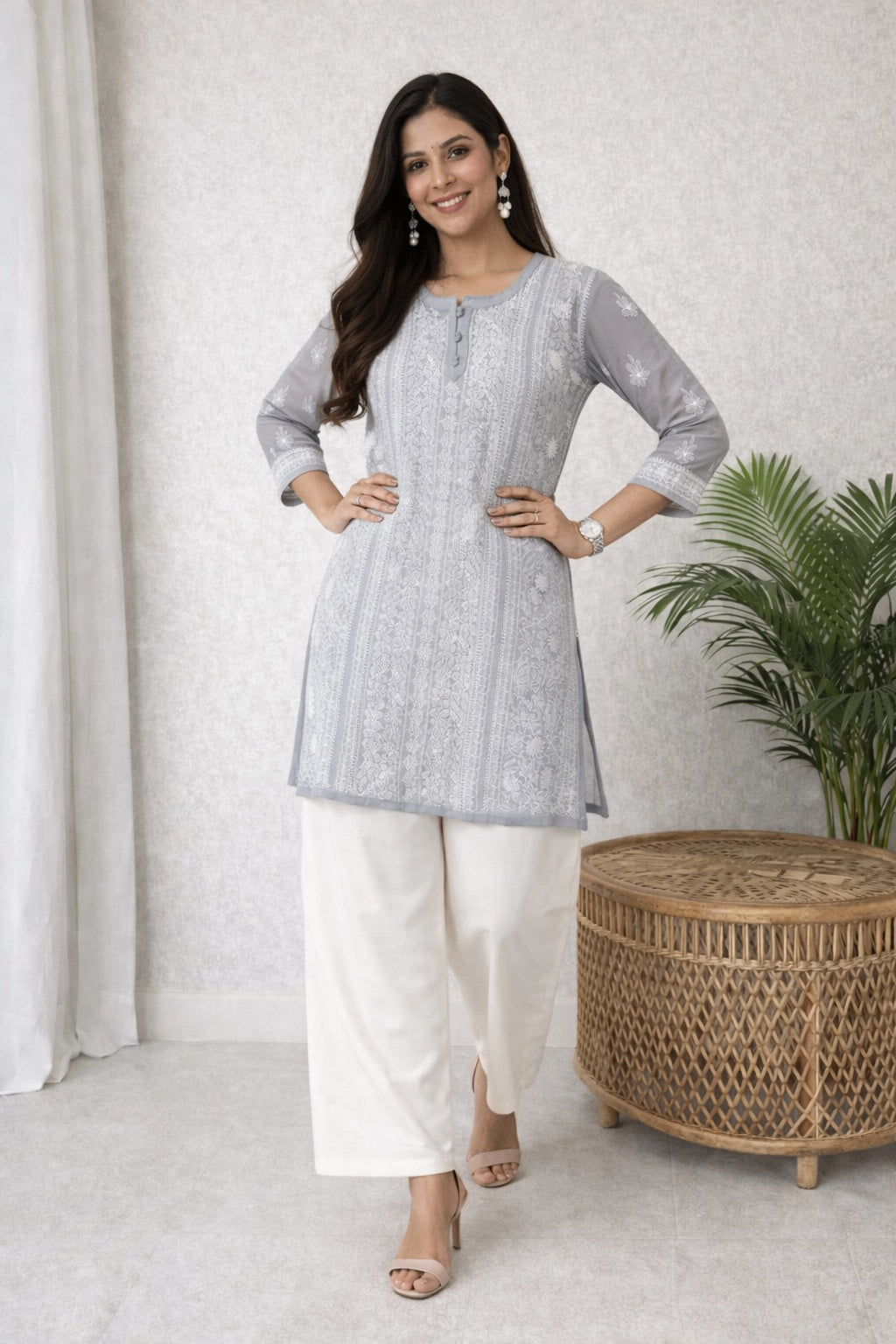 Karigiri Grey Georgette Chikankari Short Kurti_KF0043