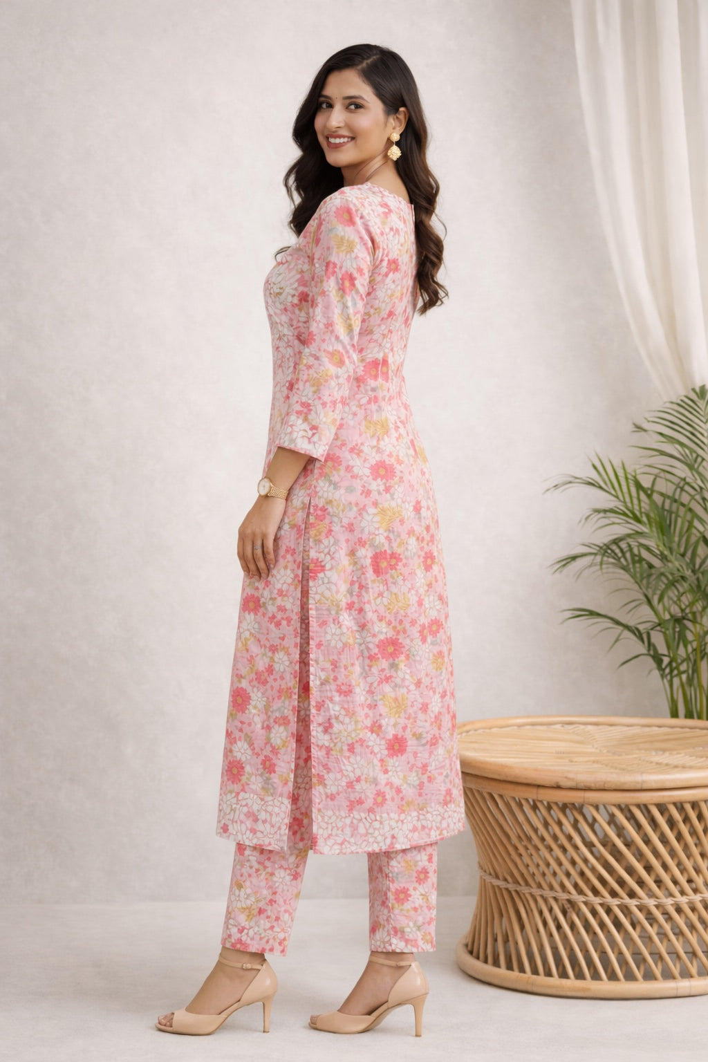 Karigiri Pink Floral Chikankari Printed Cotton Kurti Set_KF0070