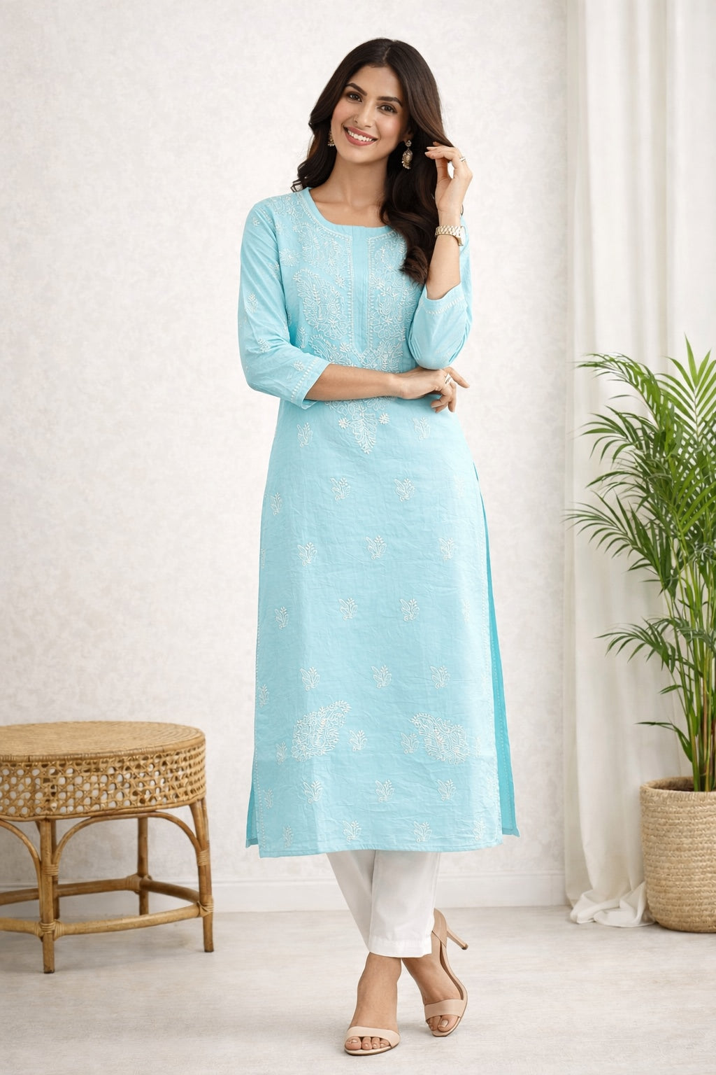 Karigiri Sky Blue Chikankari Cotton Kurti_KF0190