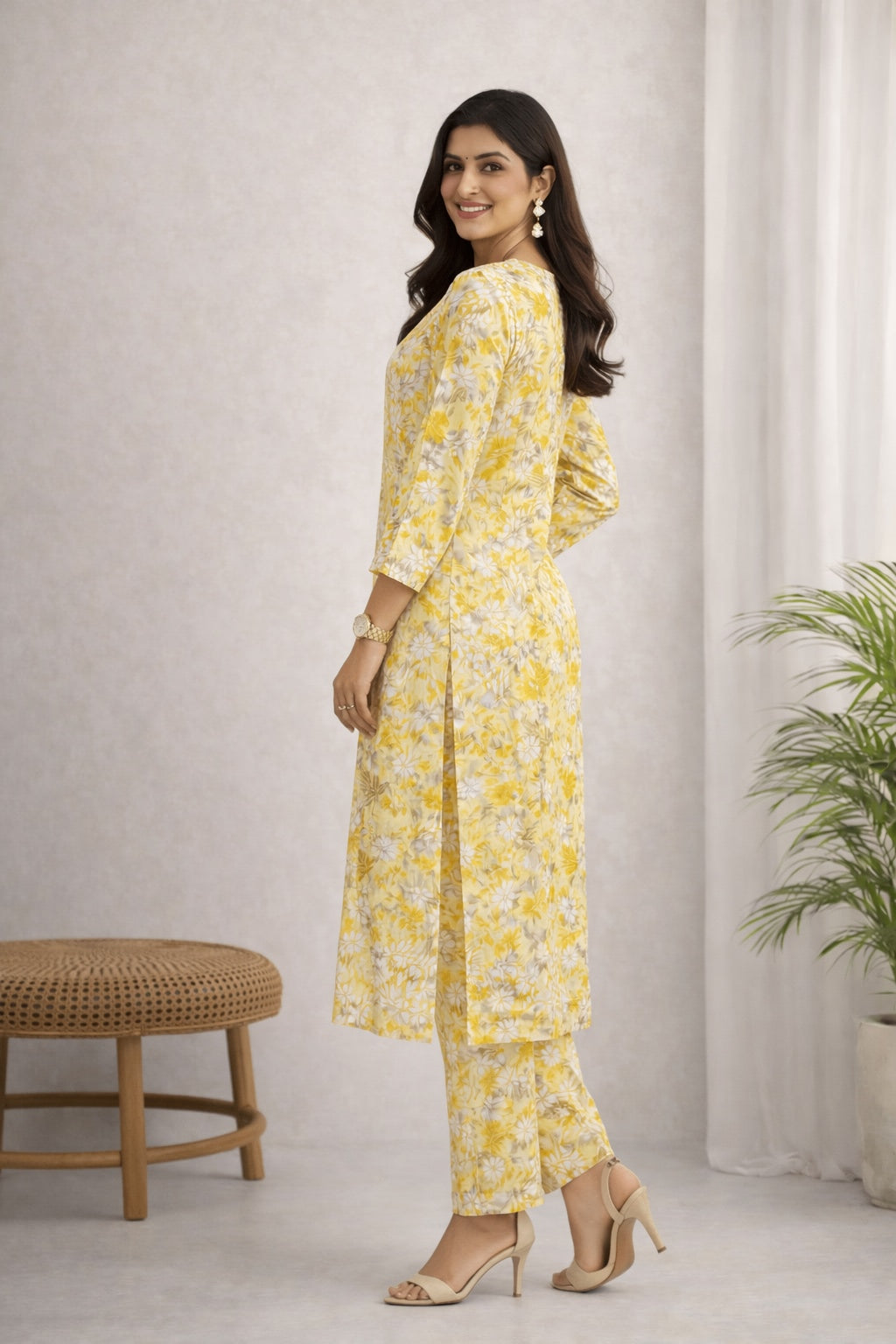 Karigiri Yellow Floral Lucknowi Chikankari Long Calf Length Kurti Set (Kurti with Same Pant), Hand Embroidered Printed Cotton, Straight Fit, Three-Quarter Sleeves, Round Neck