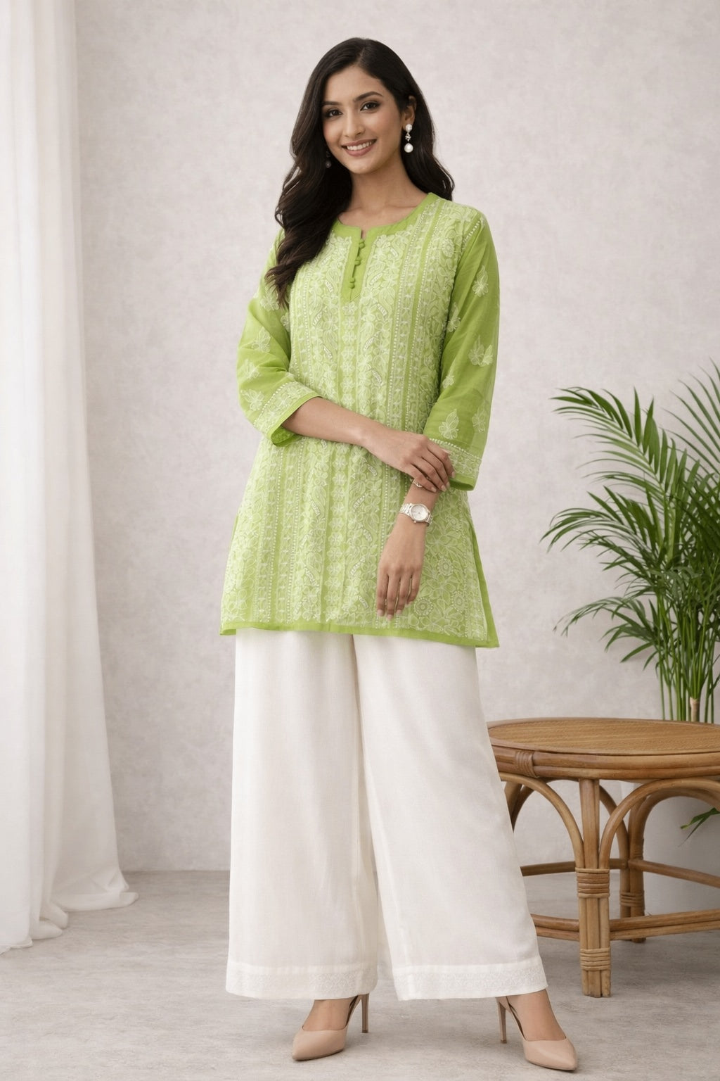 Karigiri Lime Green Georgette Chikankari Short Kurti_KF0120