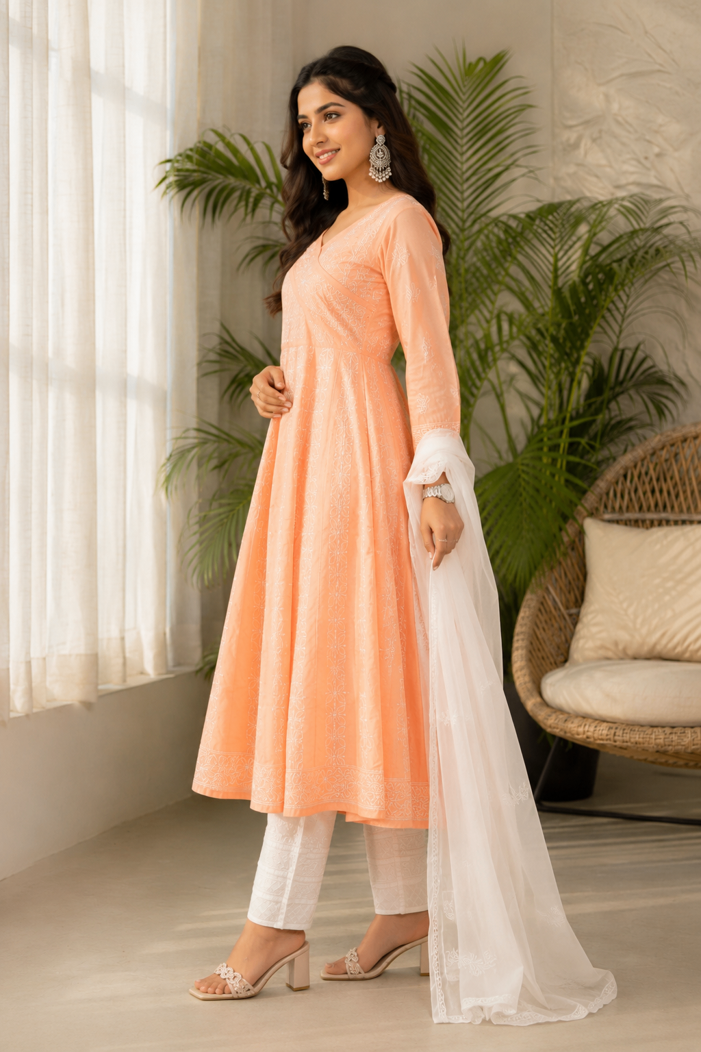 Karigiri Peach Hand Embroidered Chikankari Cotton Anarkali Kurti