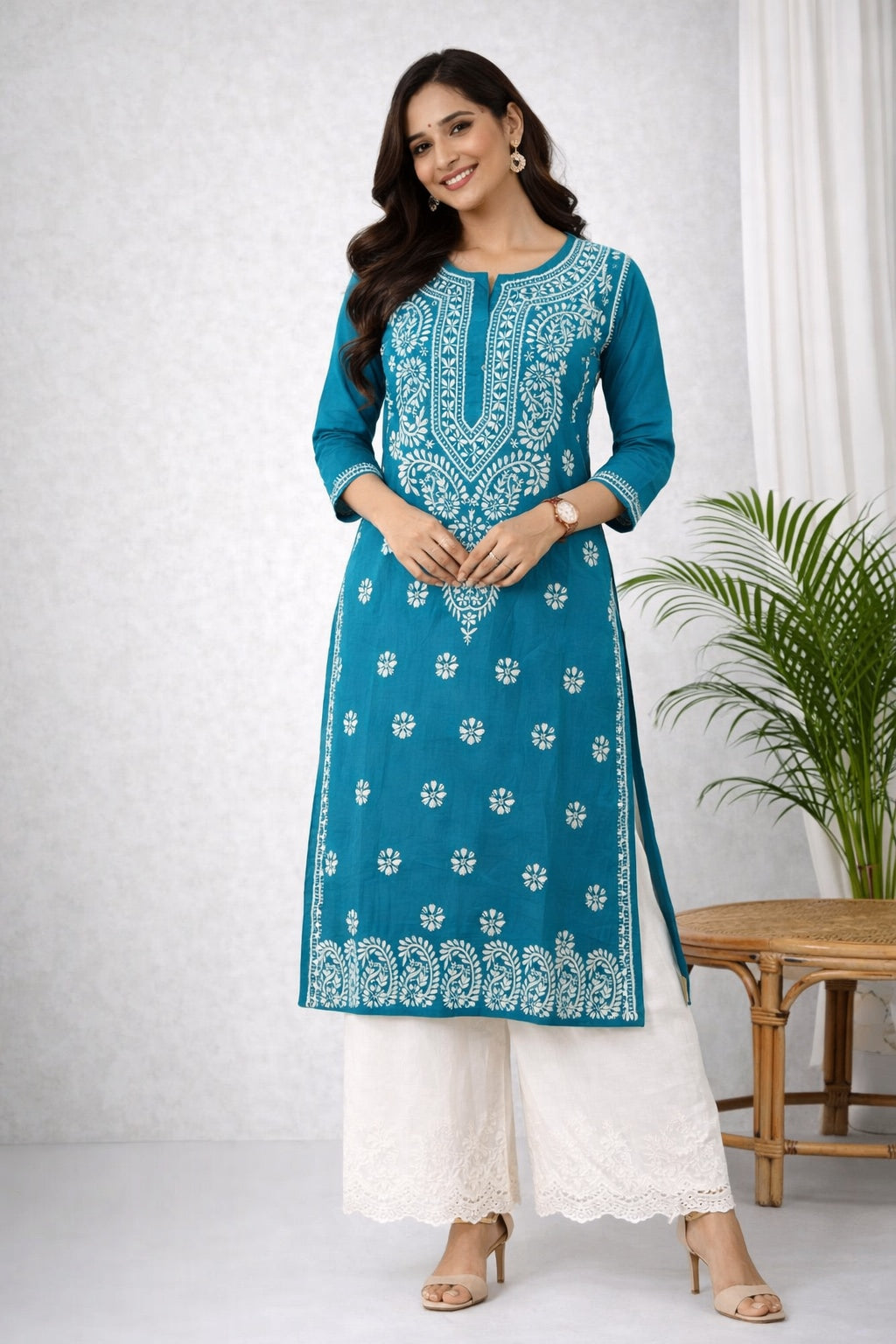 Karigiri Teal Blue Chikankari Cotton Kurti Women_KF0105