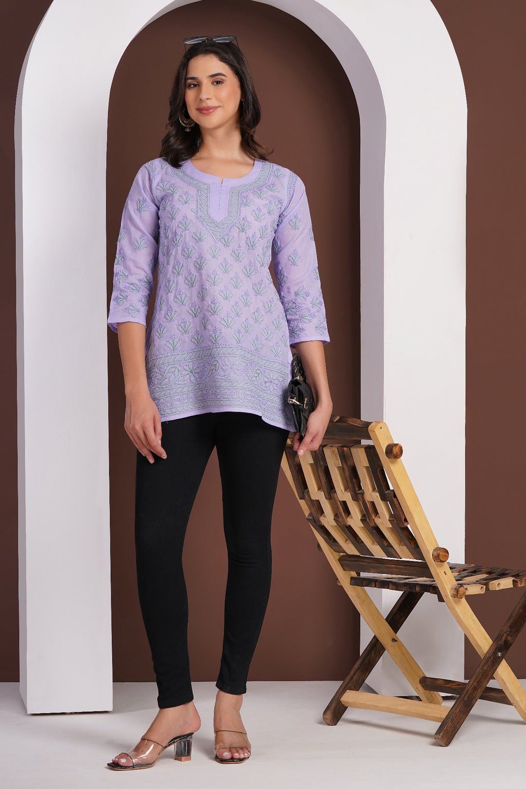 Karigiri Lucknowi Chikankari Hand Embroidered Pure Cotton Straight Hip Length Short Lavender Kurti, 3/4 Sleeve, Ethnic Wear