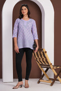 Karigiri Lucknowi Chikankari Hand Embroidered Pure Cotton Straight Hip Length Short Lavender Kurti, 3/4 Sleeve, Ethnic Wear