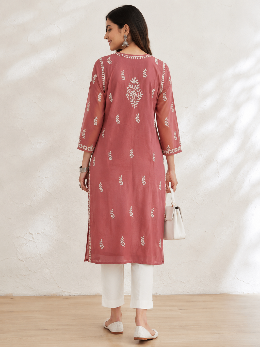 Karigiri Rose Pink Lucknowi Chikankari Hand Embroidered Soft Mulmul Cotton Straight Kurti for Women, 3/4 Sleeve, Calf Length Ethnic Wear_KFRP0416