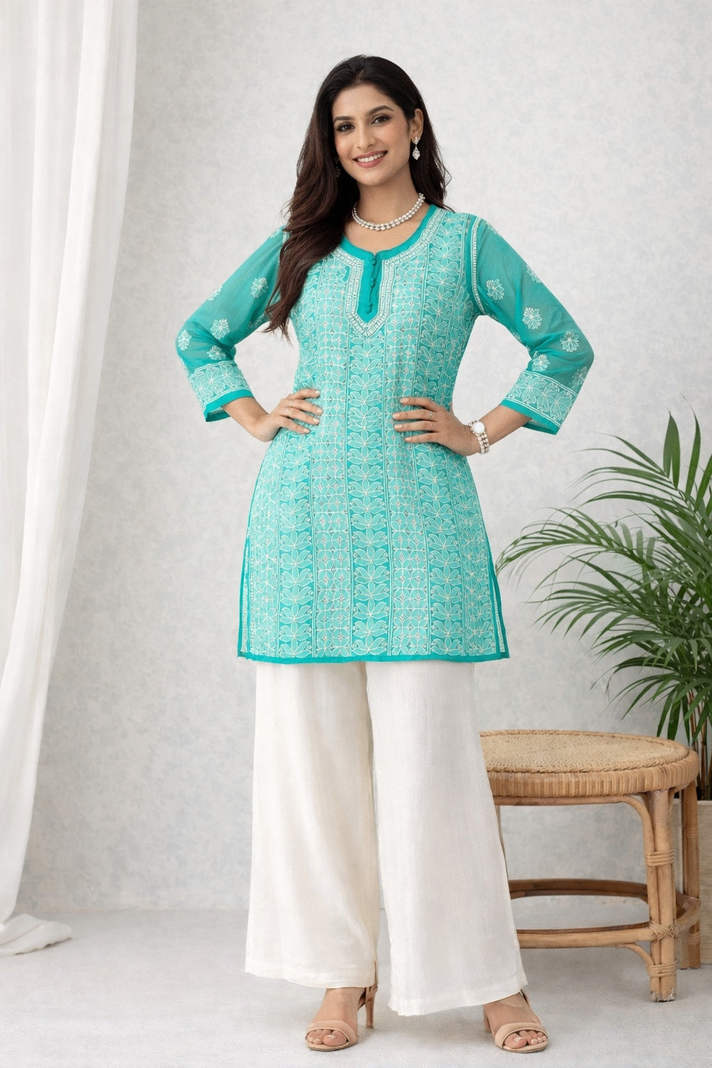 Karigiri Sea Green Chikankari Georgette Short Kurti_KF0178