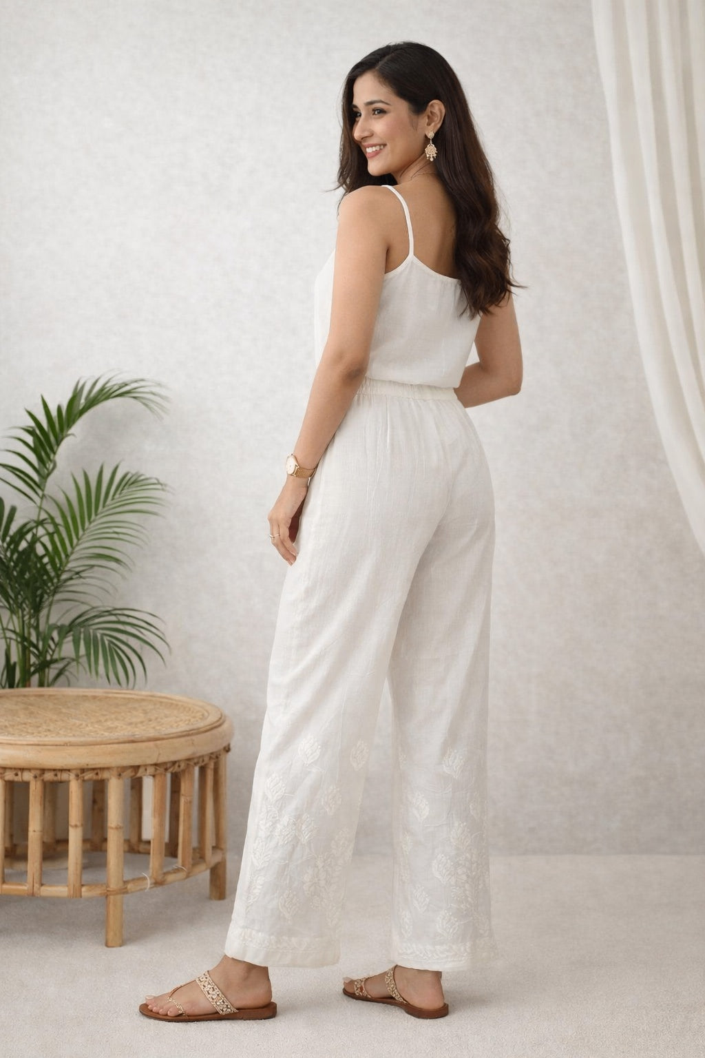 Karigiri White Chikankari Cotton Palazzo Pants_KF0206