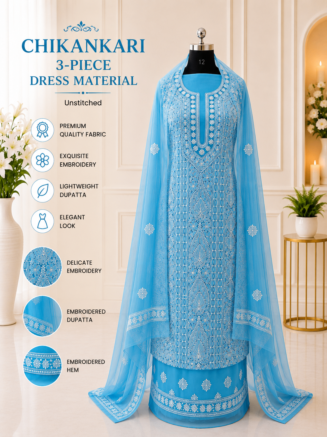 Karigiri Turquoise Blue Chikankari Georgette Dress Material