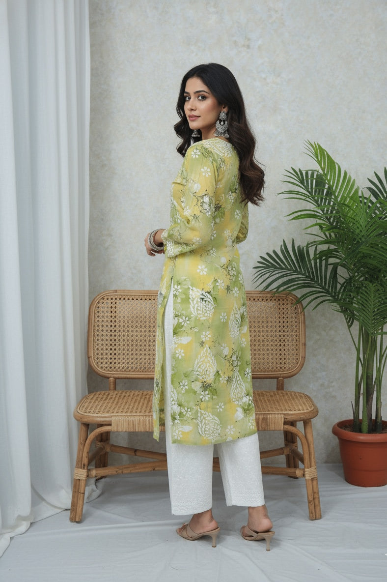 Karigiri Lime Green Lucknowi Chikankari Printed Cotton Kurta_KF0219