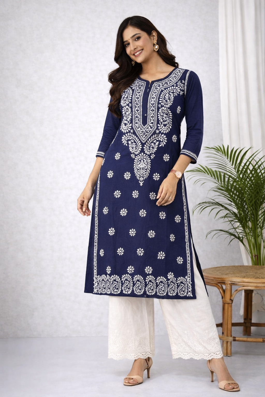 Karigiri Navy Blue Chikankari Soft Cotton Kurta_KF0063