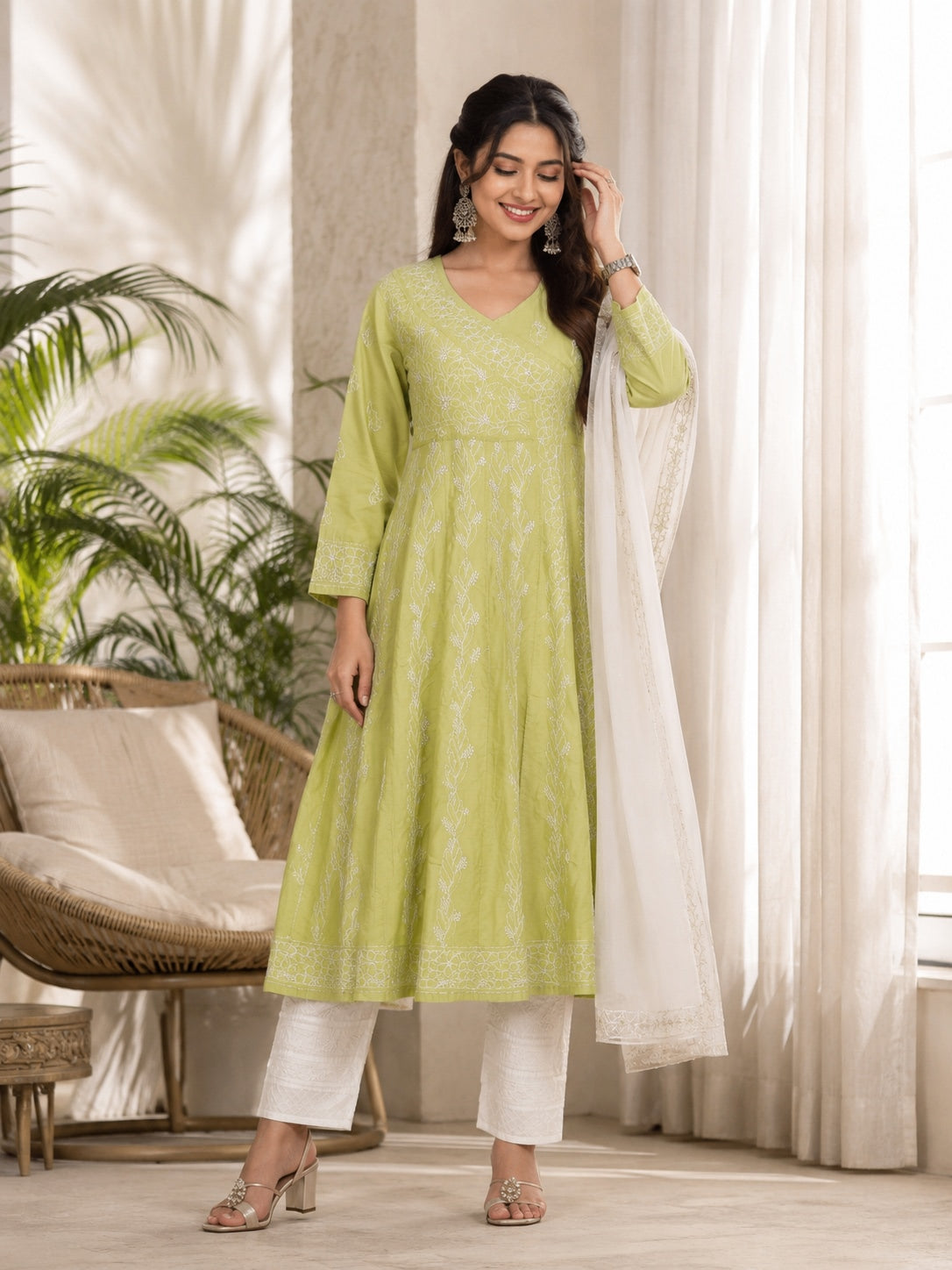 Karigiri Pistachio Green Hand Embroidered Chikankari Cotton Anarkali Kurti
