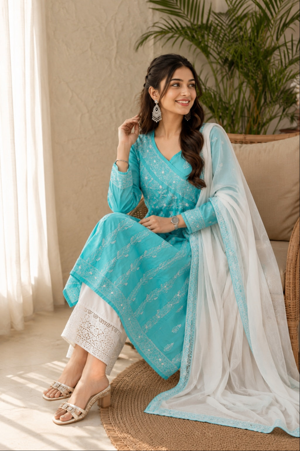 Karigiri Aqua Blue Hand Embroidered Chikankari Cotton Anarkali Kurti
