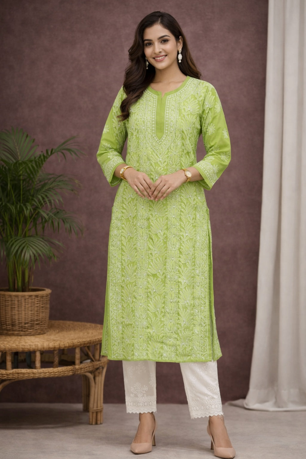 Karigiri Pista Green Chikankari Georgette Kurti_KF0154