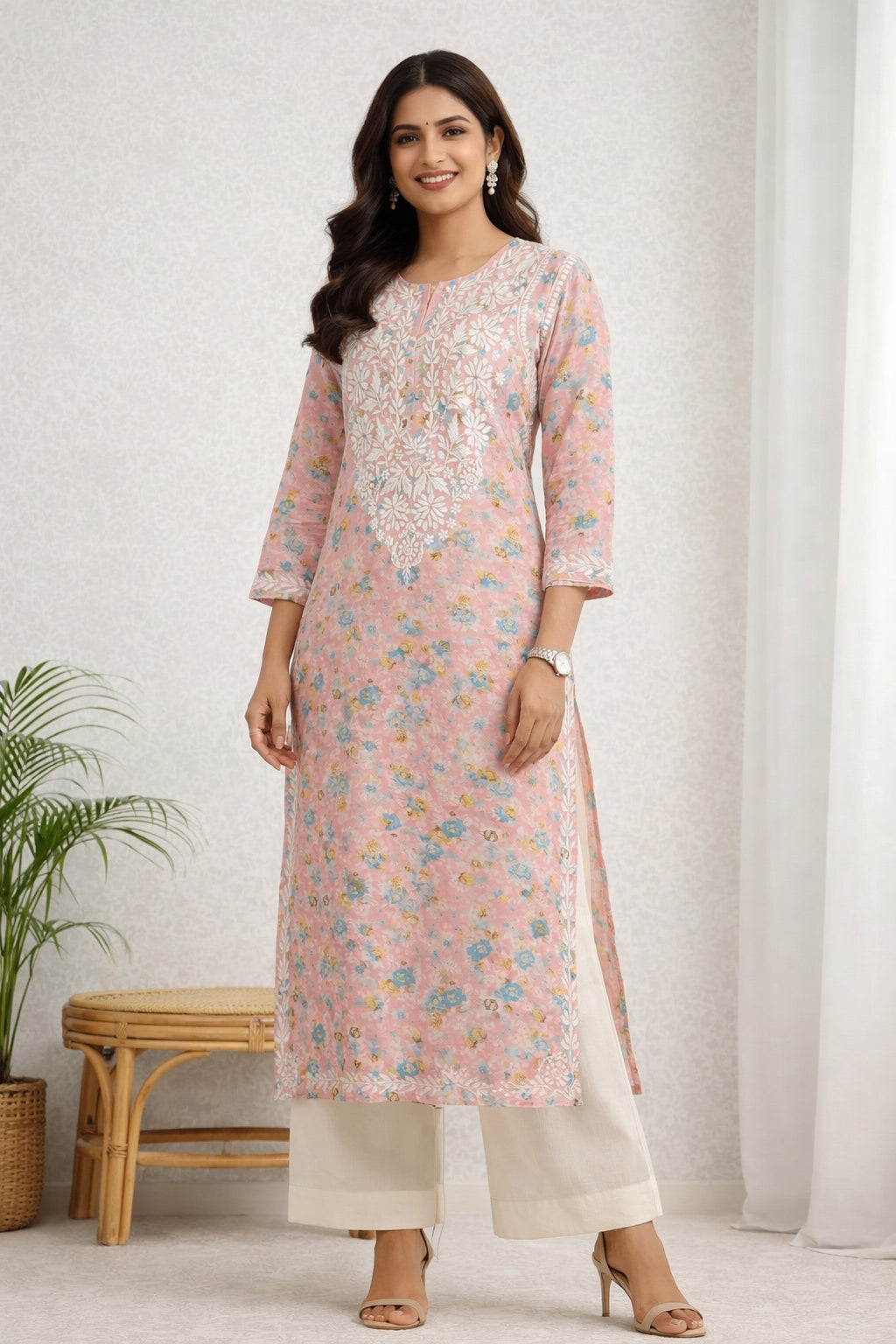 Karigiri Pink Chikankari Printed Cotton Long Kurti_KF0150